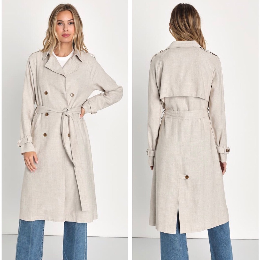 Lulus Sophisticated Essence Beige Linen Double Breasted Belted Trench Coat XL